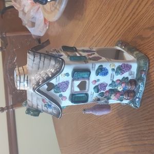 Elements Ceramic Wine Shop Village House Tealite Holder Hand Painted Cottagecore
